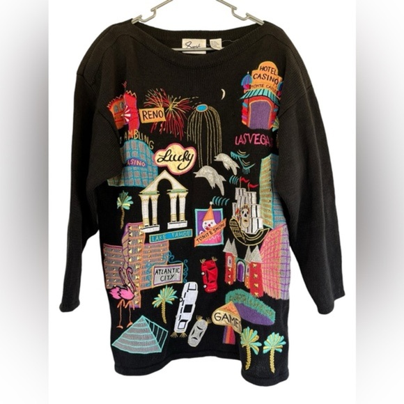 Sandylo Sweaters - Sandylo Casino Oversized Sweater w/ Shoulder Pads Embroidered One Size